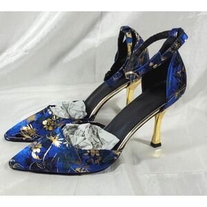 Women's Satin Floral Oriental Asian Brocade High Heel Dress Shoes - Blue - 39